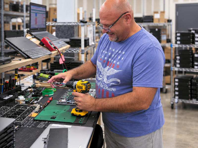 A Regadget technician repairs a laptop with a power drill at a refurbishing bench lined with tools and stacked laptops.
