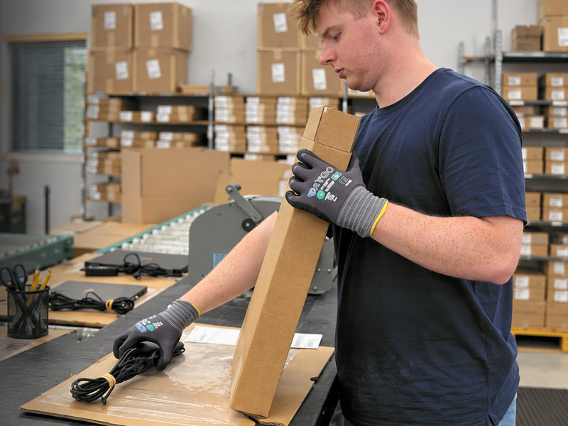 A Regadget team member in work gloves packs an order at the shipping bench.