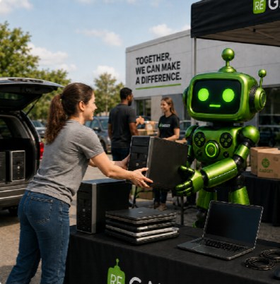 A tech drive booth under a Regadget tent: a volunteer hands a desktop computer to Gadget, Regadget’s green robot mascot, beside a table of collected laptops.