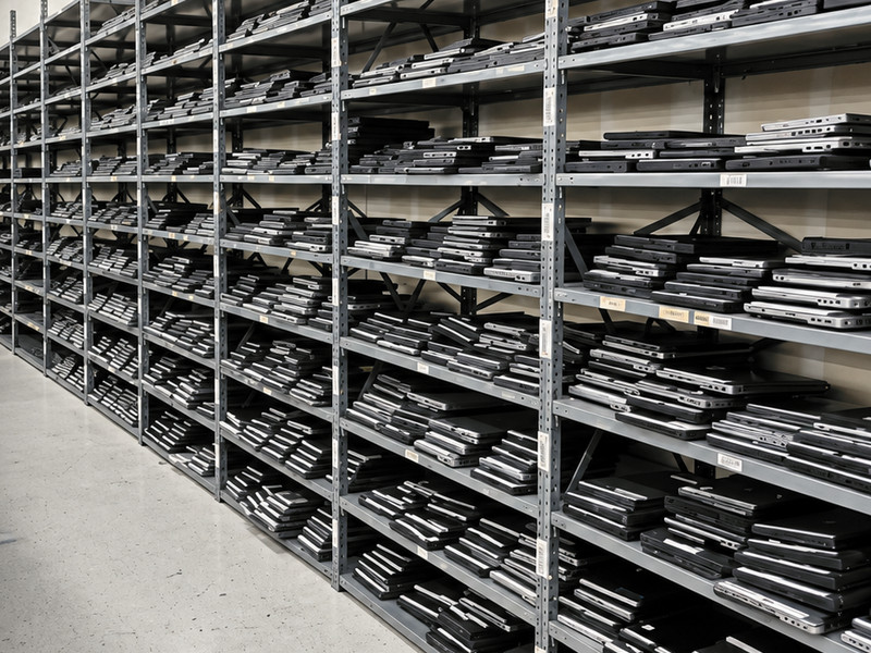 Long aisles of steel shelving stacked with laptops at our Florence, Kentucky warehouse.