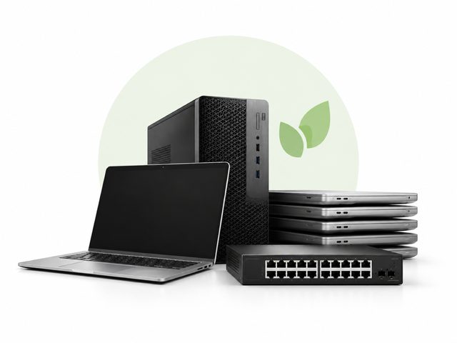 A laptop, a desktop tower, a network switch and a stack of laptops.