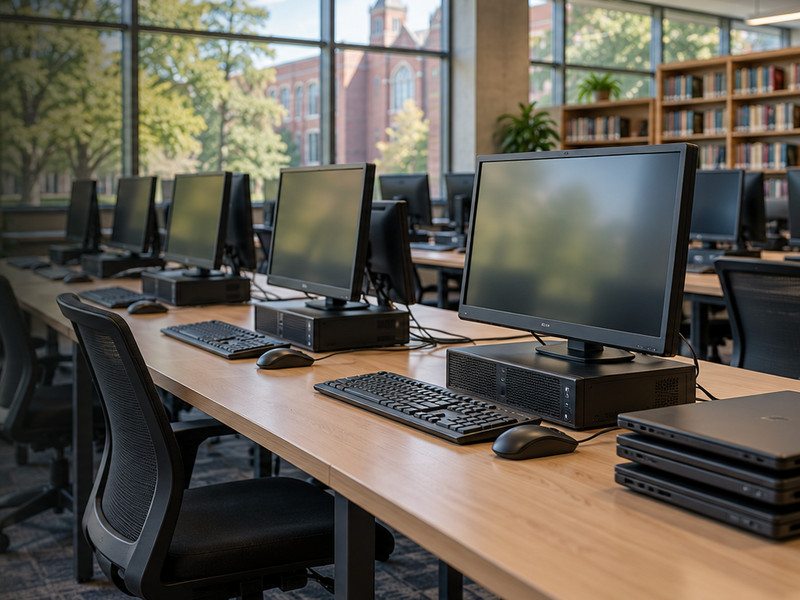 A campus computer lab: rows of desktop computers on long wooden desks, with laptops stacked at the end.