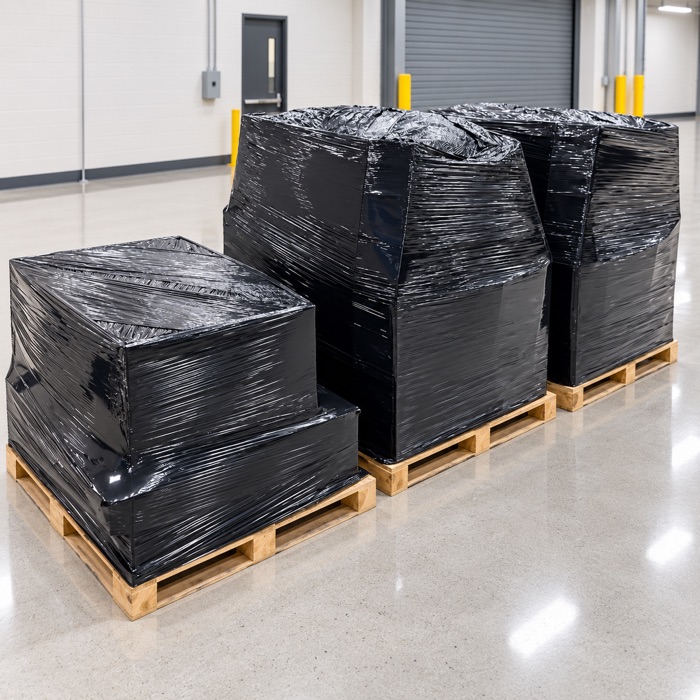 Three pallets of retired devices, shrink-wrapped in black and ready for pickup.