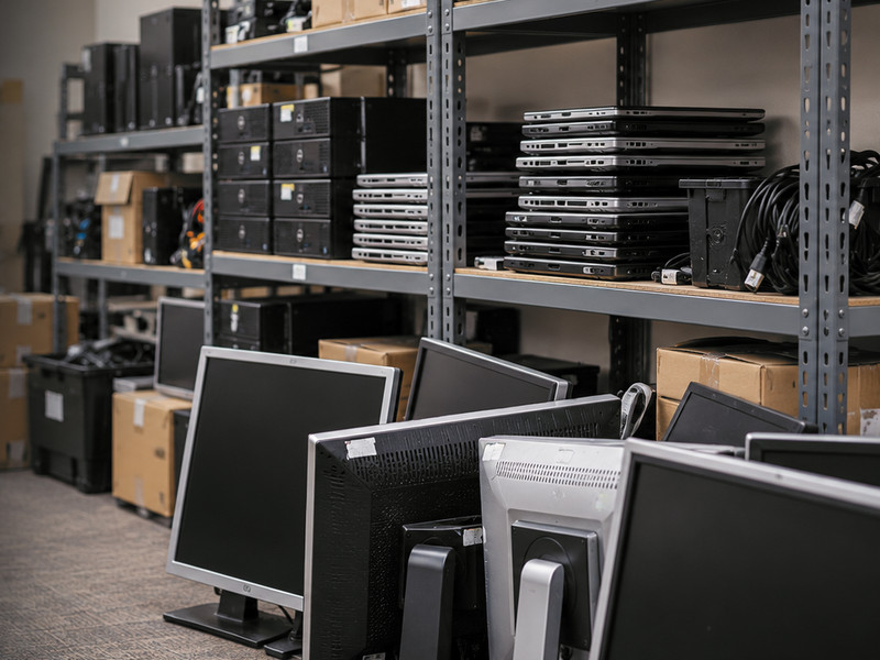 A storeroom of retired IT equipment: shelves of desktops and laptops, with monitors lined up on the floor.