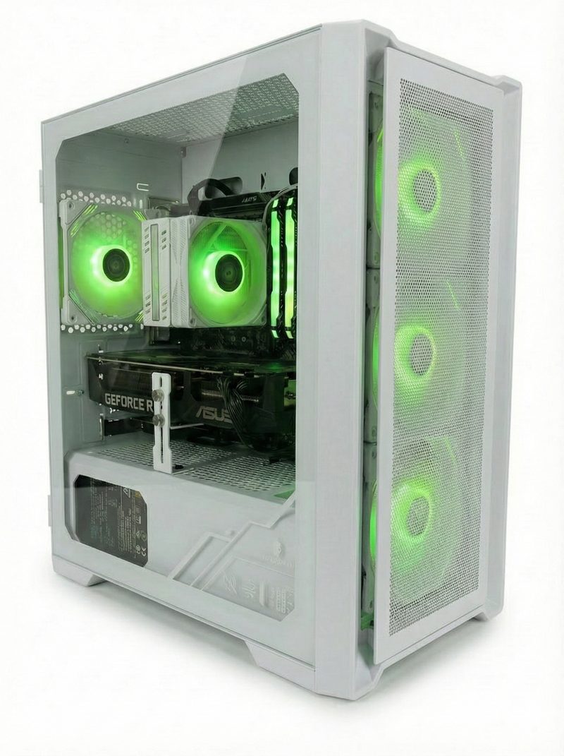 The Phoenix esports PC: a white tower with a glass side panel, green-lit fans and a GeForce graphics card inside.