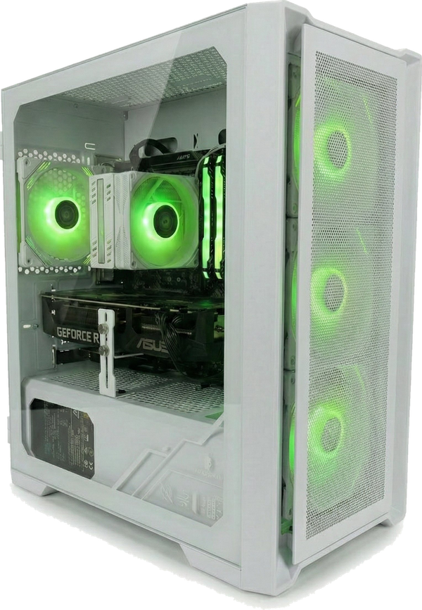 The Phoenix gaming PC: a white tower with a glass side panel, green-lit fans and a GeForce graphics card inside.