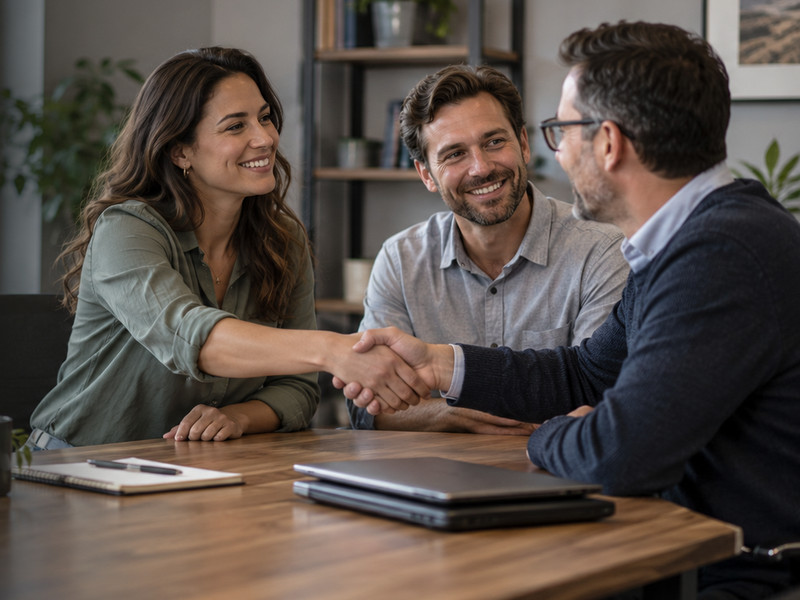 Three people at a meeting table; one shakes hands across the table, smiling, with a closed laptop and a notebook beside them.