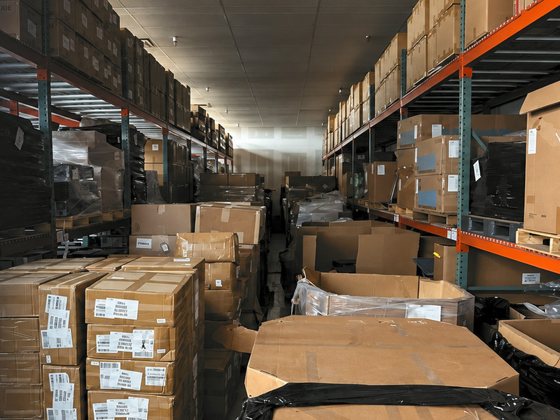 A warehouse aisle lined with racks of boxed and shrink-wrapped IT equipment on pallets.